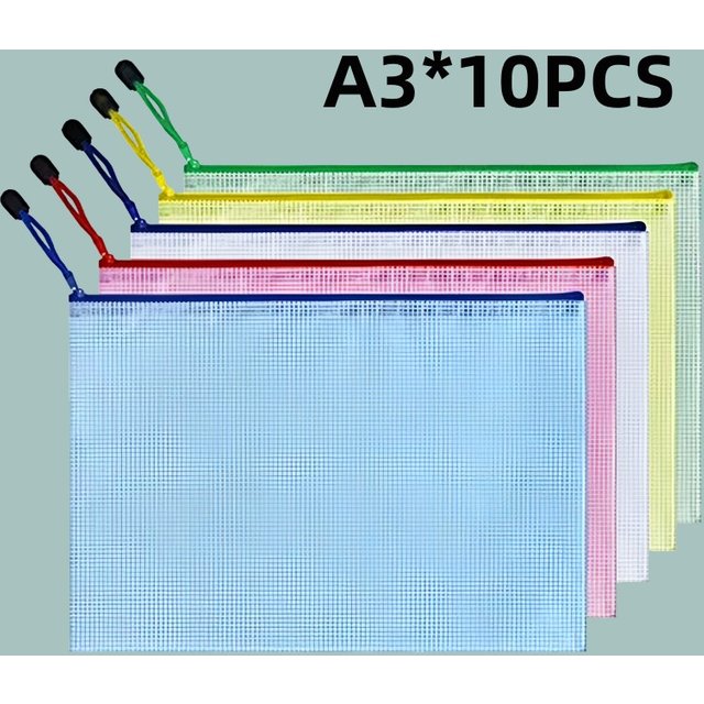 10pcs, A3 Mesh Zipper File Bag,5 colors, waterproof plastic file Bag for organizing school and office supplies, cosmetics, trave