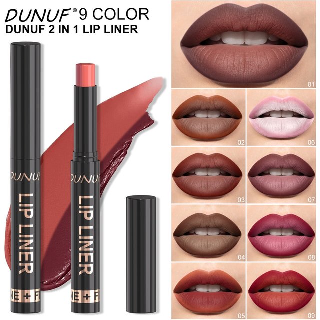 9 Colors 2-in-1 Lip Liner Lipstick, Dual-Ended Matte Lip Pencil, Easy Application Non-Stick Cup Longwear Lip Contour Crayon