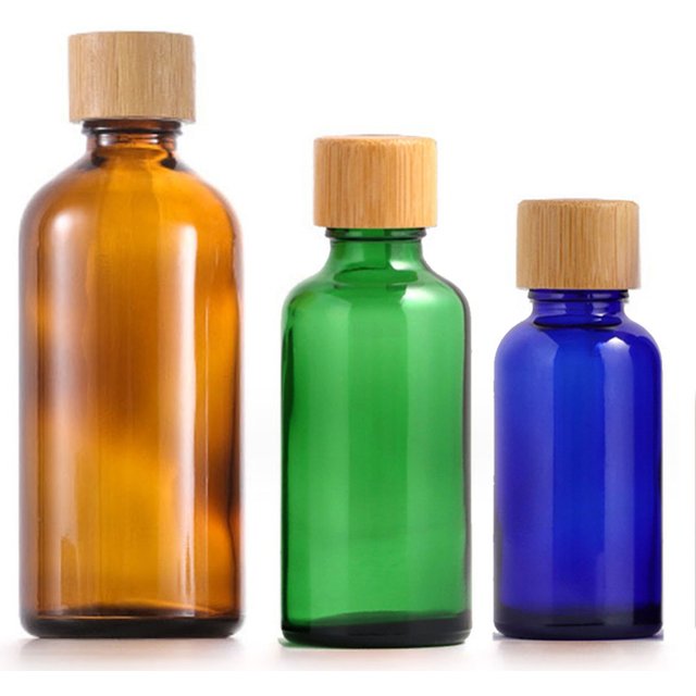 5ml-100ml Amber / Blue / Green Glass Essential Oils Bottle Bamboo Wood Screw Cap Homemade Cosmetic Container Essence 1x Bottle
