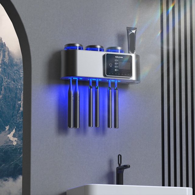 (FDDT) Toothbrush Sanitizers BathroomToothbrush Holder Wall Mounted No Drilling Required with 6 Slot Smart Toothbrush Organizer
