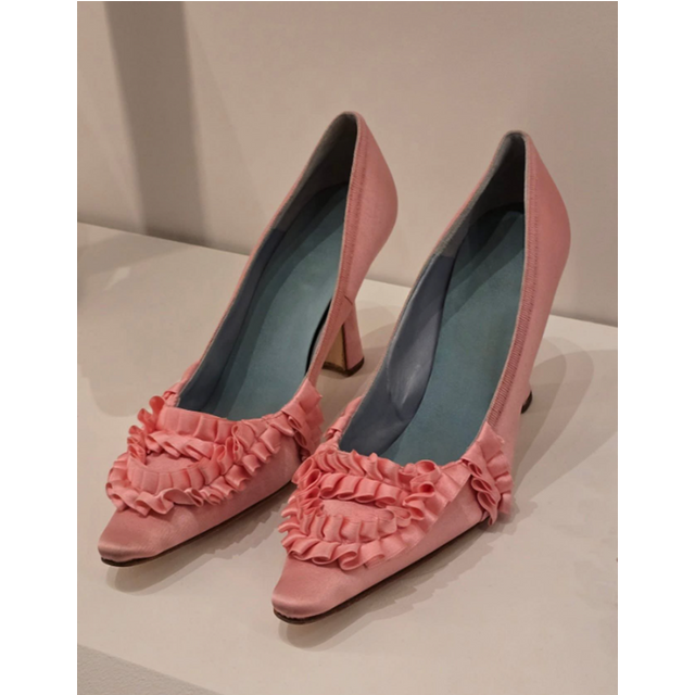 Blush Pink Satin Pointed-Toe High Heels Ruffled Frill Trim Contrast Sky Blue Lining Elegant Sweet Women's Low-Cut Shoes