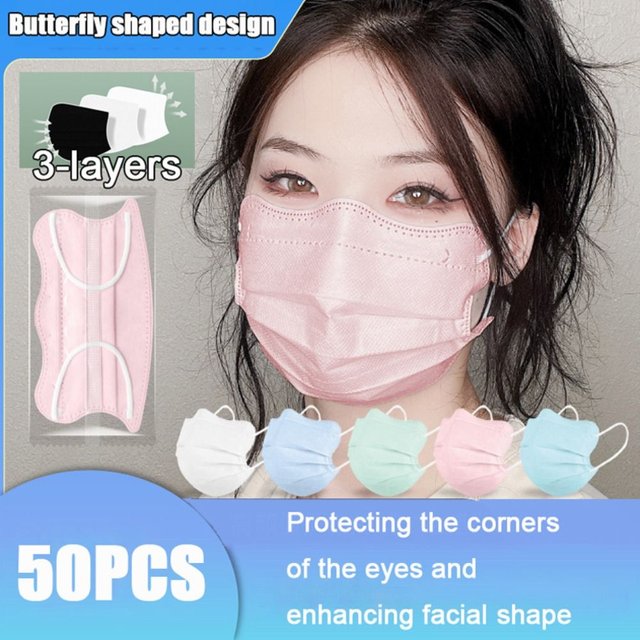 50pcs Breathable Butterfly Shaped Design Disposable Face Mask V-face Morandi Color Anti Dust Mask 3layer Protective Face Cover