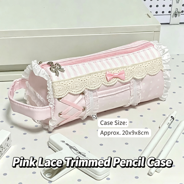Pink Girl Cute Lace Pencil Case Student Large Capacity Desktop Storage Stationery Pen Bag Cute Girl Makeup Bag Gift