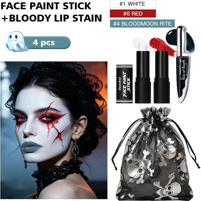 Halloween SFX Horror Makeup Set Bloody Lip Tint Twist Face Paint Sticks Portable Skull Pouch For Horror Costume Party Body Paint