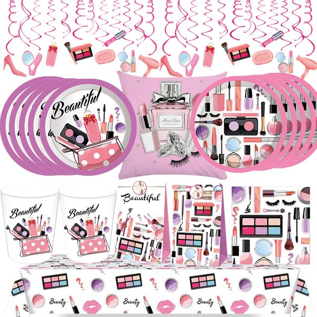 Cosmetics Spa Party Disposable Tableware Tablecloth Banner Red Lip Lipstick Foil Balloon Girls Birthday Women Makeup Party Decor
