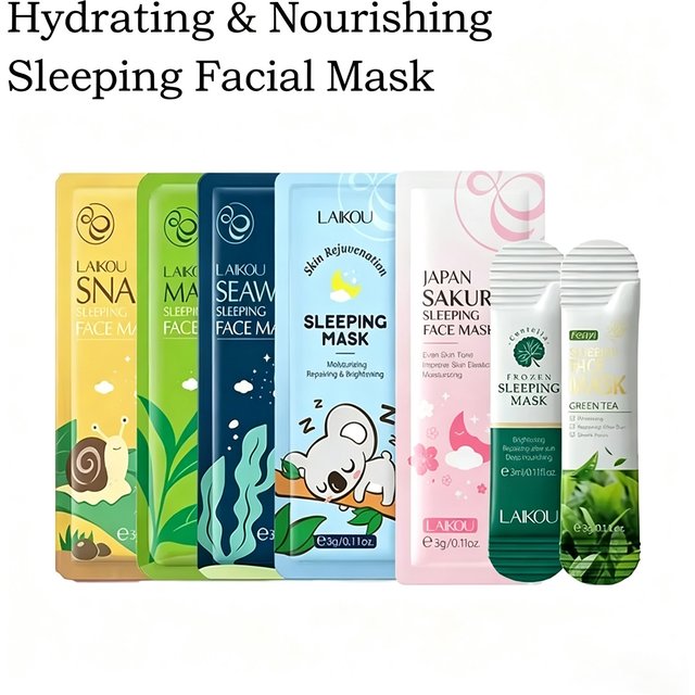 LAIKOU 7PCS Sleeping Facial Mask Set Snail Seaweed Koala Sakura Centella Green Tea Hydrating Repair Overnight Skin Mask