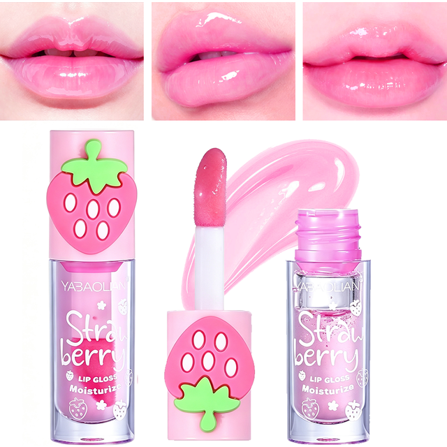 YABAOLIAN Strawberry Lip Gloss - Adorable 3D Strawberry Lip Oil, Hydrating & Brightening Mirror Jelly Lip Color For Beginners