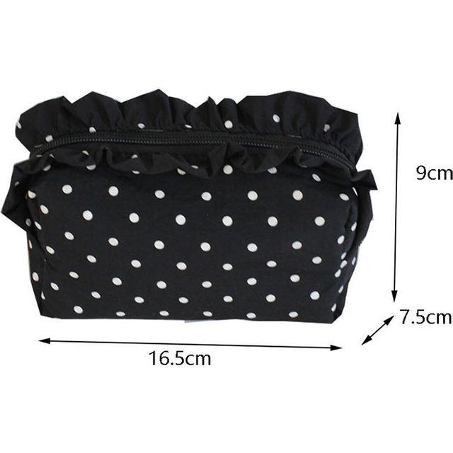 Vintage Polka Dot Cosmetic Bag Ruffle Edge Decor Large Capacity Makeup Pouch Women Portable Travel Skincare Storage Organizer
