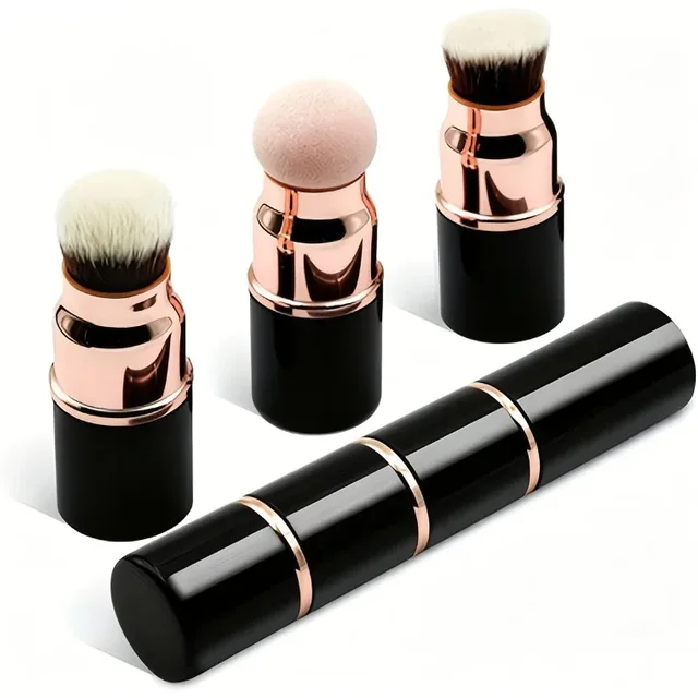 3-in-1 Mini Makeup Brush Set Detachable Portable with Dust Cover for Foundation Powder Blush and Sponge Head Make Up Tools