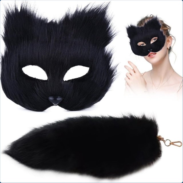 Masque de renard en fourrure Therian avec porte-clés à longue queue de 16 pouces, demi-visage, masque de mascarade pour Costume de Cosplay, accessoire de fête