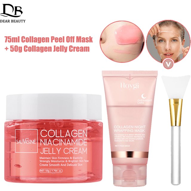75ml Collagen Peel-off Face Mask Night Wrapping Mask + 50g Collagen Jelly Cream Firming Skin Moisturizing Facial Masks Cream
