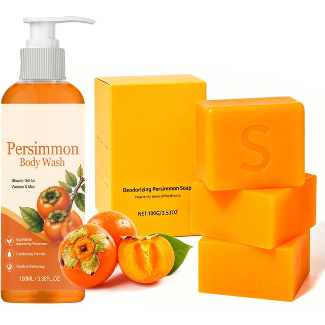 Persimmon Soap Bar and Persimmon Body Wash for Body Odor Control Natural Fruity Aroma Shower Cleanse Gel Bath Soap for women&Men