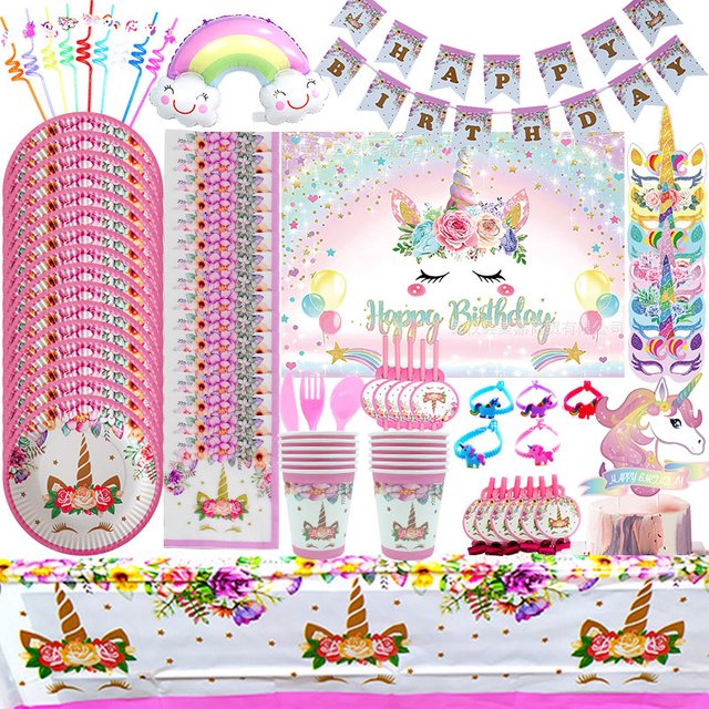 Décoration d'anniversaire licorne nappe toile de fond fournitures de fête sacs cadeaux masque facial