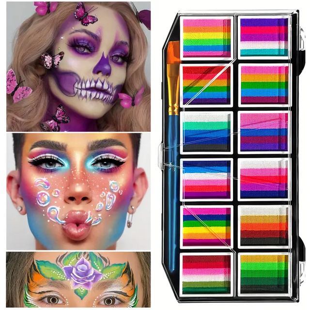 12-Color Rainbow Face and Body Paint Kit, Water-Soluble, Vibrant Palette with Brush for Halloween, Cosplay, Parties,Party Makeup