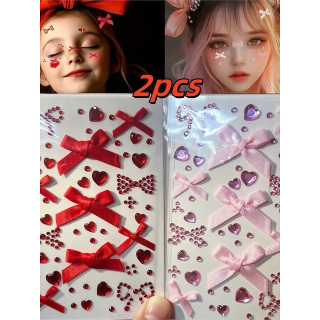 2pcs 3D Sweet Love Face Sticker Pink Red Bow Diamond Stickers Makeup Decoration Performance with Backing Glue Traceless Sticker*