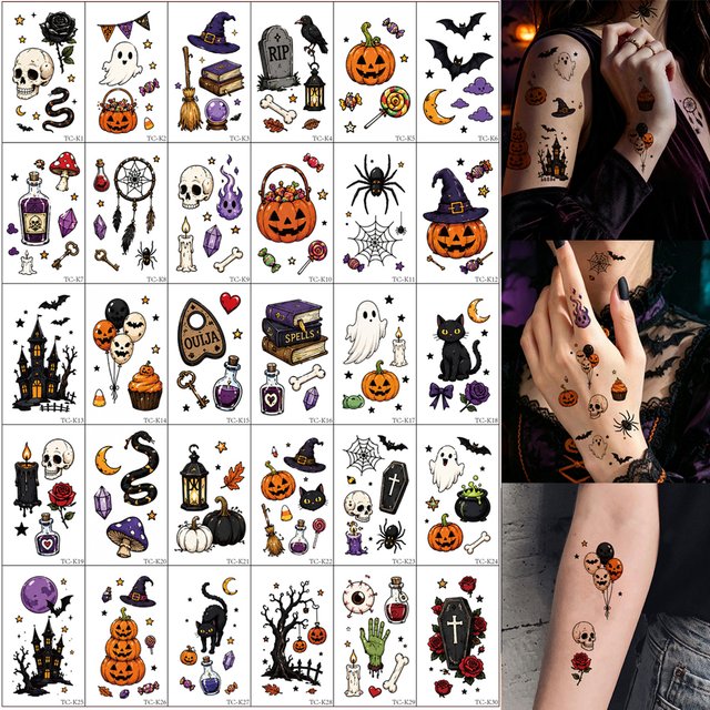 30pcs Pumpkin Spider Temporary Tattoos for Halloween Party Bat Skull Tattoo Stickers for women Men Hand Face Body Makeup Sticker