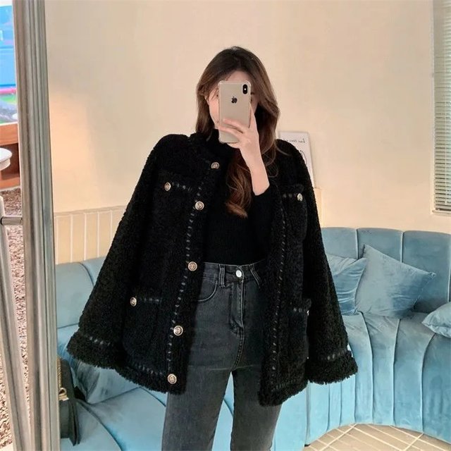 Manteau en laine d'agneau pour femme, nouvelle édition coréenne automne/hiver, tempérament polyvalent, panneau épais, petit parfum, tendance, 2025