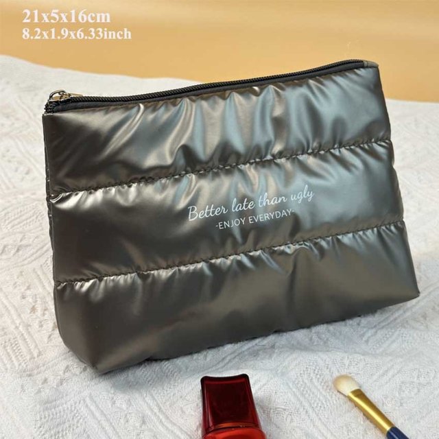 New Shiny Fluffy Makeup Bag Large Capacity Zipper Pouch Toiletries Skincare Storage Bag Quilted Puffer Cosmetic Bag Women