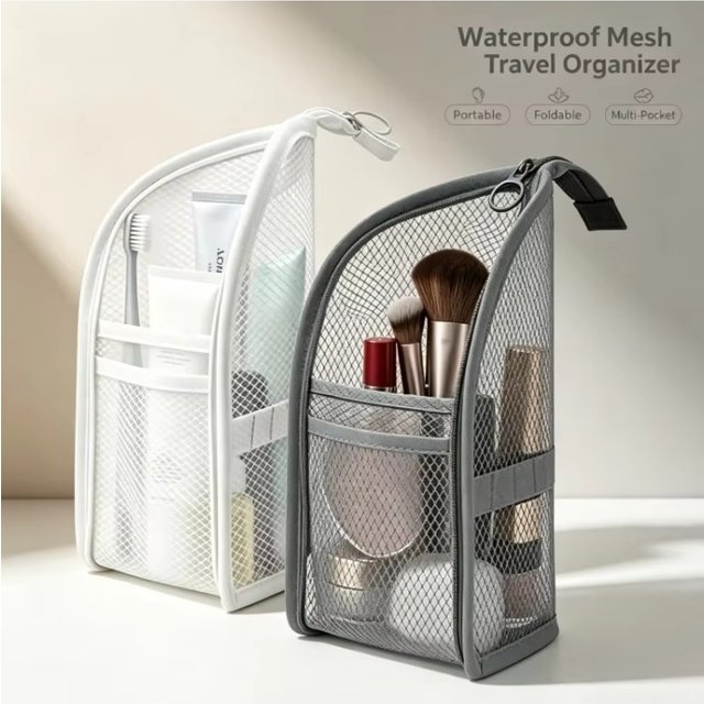 Portable Stand Mesh Toiletry Storage Bag Waterproof Travel Foldable Toothbrush Cosmetic Organizer Women Bathroom Storage Pouch