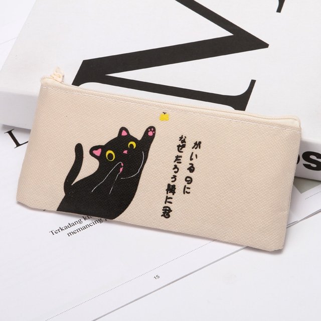 Cute Cartoon Cat Pencil Bag Canvas Pencil Case Student Stationery Pen Pencil Eraser Storage Bag Makeup Bag School Office Supply