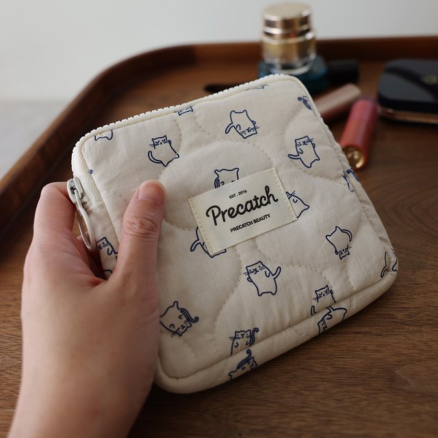 Sanitary Napkin Bag Card Bag Cartoon Hand-Painted Kitten Cute Square Portable Storage Bag Girls Physiological Bag Cosmetic Bag