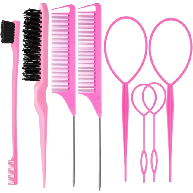 8Pcs Hair Brushes Edge Brush Topsy Tools Bristle Teasing Set Tail Hair Brush Pin Rat Tail Combs for Woman Girl Hair Styling