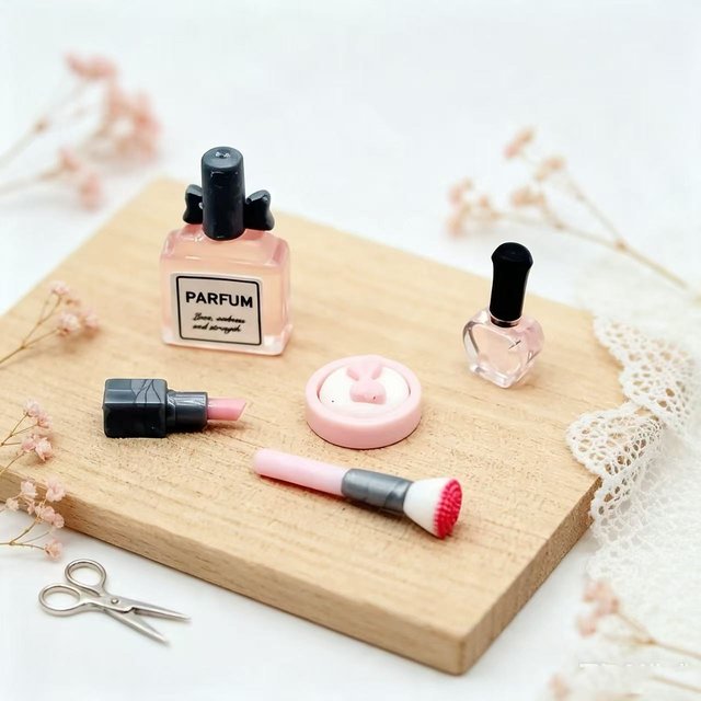 Mini maquillage miniature pour maison de poupée, 5 pièces, mini rouge à lèvres 1/12, parfum, poudre, vernis à ongles, modèles de pinceaux de maquillage adaptés pour Noël