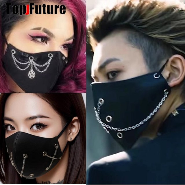 Subculture Y2K Girls Steampunk PU Leather Chain Mask Men's and Women's Fashion Campus Decoration Handsome Breathable Face Mask