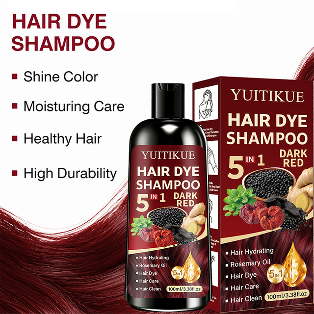 YUITIKUE 5 In 1 Hair Dye Shampoo Dark Red 100ml, Hydrating Rosemary Formula, Quick Color Shampoo For Gray White Hair