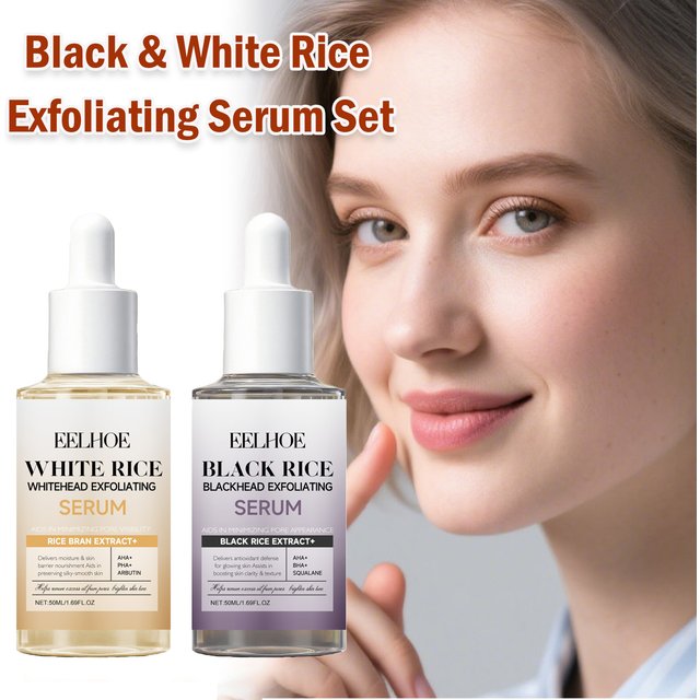 Black & White Rice Exfoliating Serum Set BHA Niacinamide Pore Minimizing & Brightening Blackhead Whitehead Remover Skincare Set