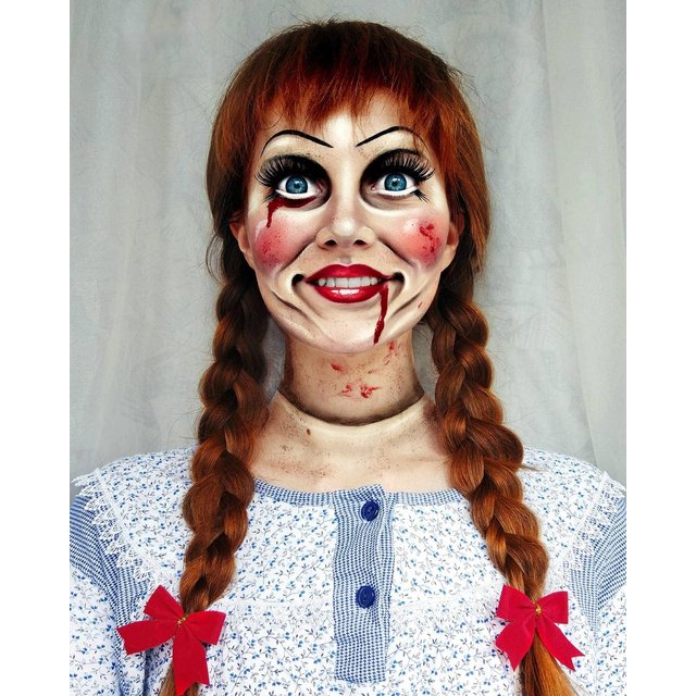Annabelle Costume Braid Wigs for women,Brown Wig with RED Bows,Halloween Makeup Party Aldult Ponytail Wig