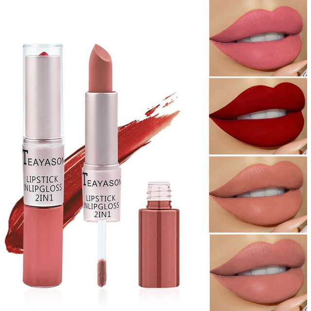 TEAYASON Double Headed Mate Nude Lipstick Waterproof Sexy Red Lip Gloss 2 In 1 Stick Lasting Moisturizing Lipgloss Tint Makeup
