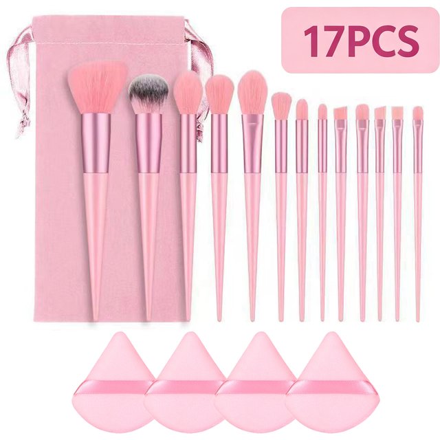 17 Pcs Makeup Brush Set with Sponge - Soft Fluffy Pink Kabuki Brushes for Foundation, Powder & Eyeshadow | Beauty Kit