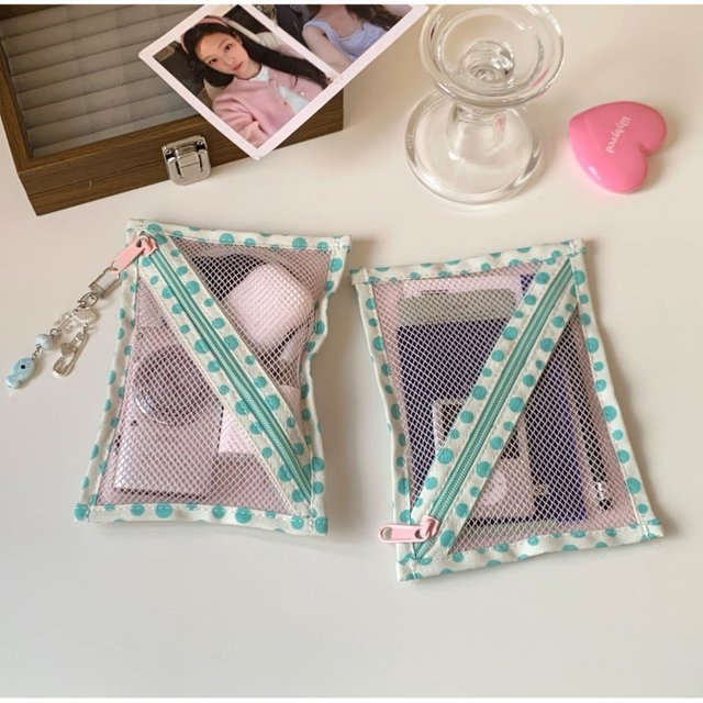 Korea Green Pink Polka Dot Mesh Makeup Bag Breathable Lightweight Travel Storage Bag Cosmetics Toiletries Organizer Small Bag