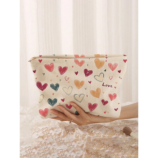 1pc, Portable Cosmetics Storage Bag with Colorful Heart Pattern Double-Sided Printed Travel Zipper Makeup Bag