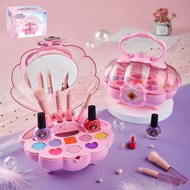 Kids Makeup Kit for Girls, Washable Non-Toxic Real Cosmetic Toy Set with Eyeshadow Blush Lip Gloss Nail Polish Brushes, Makeup C