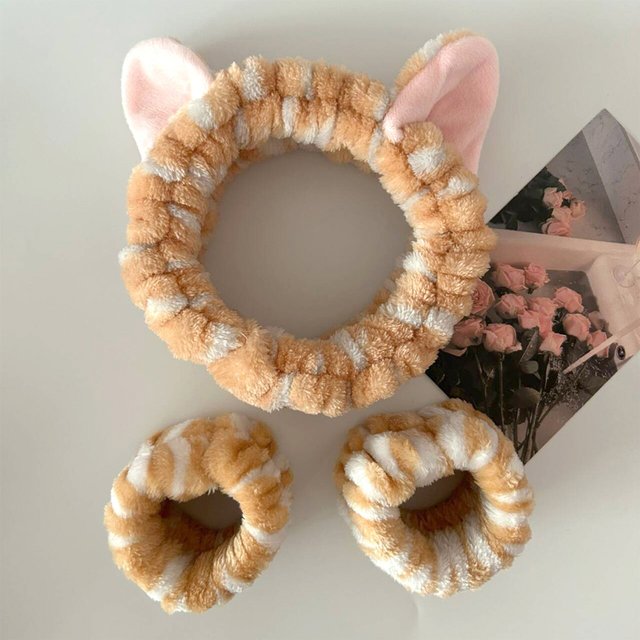 3Pcs Cute Cat Ear Plush Headband Washing Face Makeup Elastic Hairbands and Wrist Strap Gifts for women Girls Hair Accessories