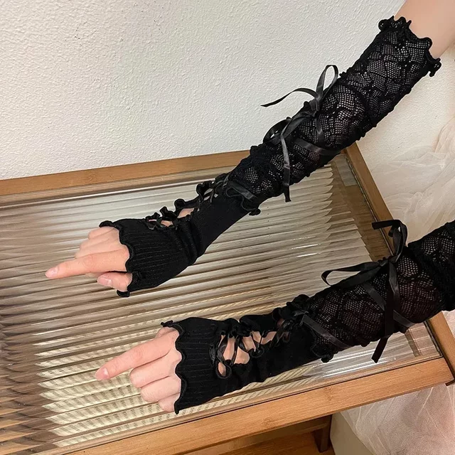 Women Lolita Jk Lace Fingerless Gloves Black Gothic DIY Strapping Sunscreen Sleeve Clothing Accessories Elastic Mesh Punk Gloves