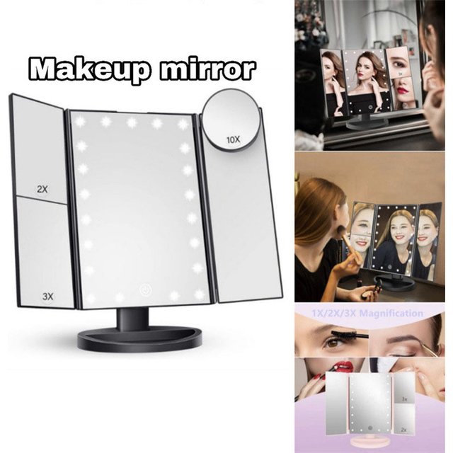 Bathroom Folding Makeup Mirror, 2X 3X Magnifying Glass with 10X Small Round Mirror, 22 LEDs Adjustable Lighting Portable Mirror