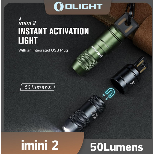 Lampe de poche Olight imini 2 EDC rechargeable 50 lumens prise USB sur le capuchon magnétique.