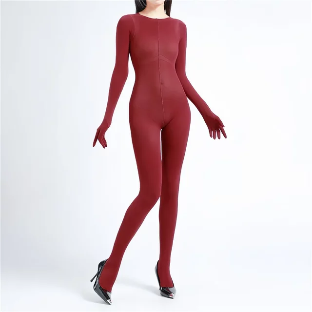 Women High Elastic Five Finger Sleeve 120D Jumpsuit Shaping Full Cover Bodysuit Slip Oil Shiny Glossy Woman Tights Maid Leotard