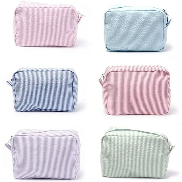 Seersucker Ruffle Cosmetic Bags Pink/Purple Striped Storage Make Up Bags for women Lady with Zipper Travel Bag Makeup Bag