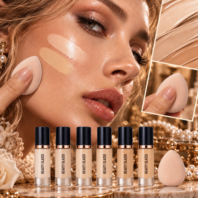 2pcs Beauty Glazed Liquid Foundation&Sponge Set,Flawless Matte Waterproof Face Makeup,Medium Coverage Poreless Long Lasting Base