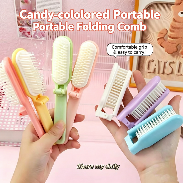 Adorable Mini Foldable Hair Brush Portable Styling Comb for Students Home Use Plastic Soft Toothed Cushioned Brush