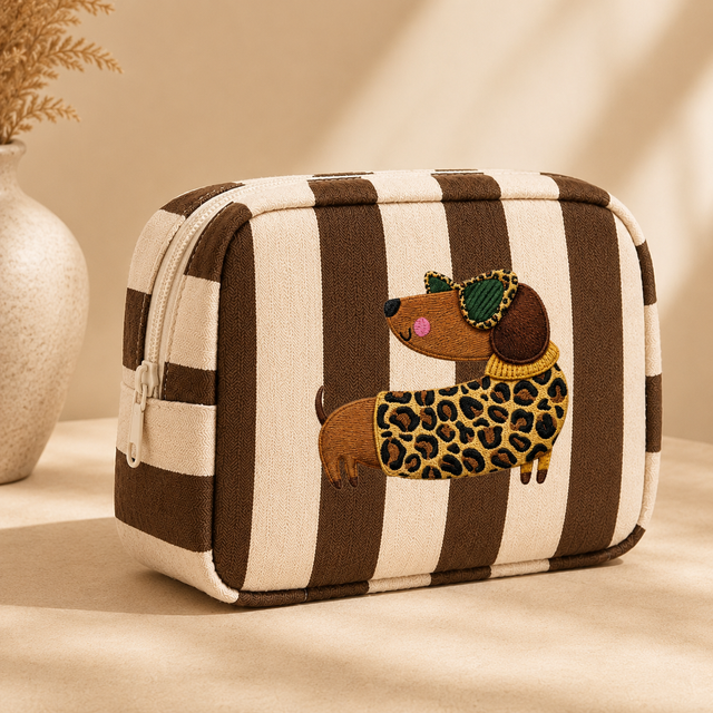 Cosmetic Bag Brown Striped Dachshund Makeup Pouch Large Capacity Toiletry Organizer for women Travel Daily Beauty Essentials