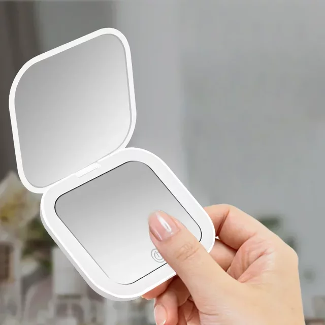 Compact Small Mini Travel Folding Vanity Cosmetic Mirror with Lights Portable Handheld Pocket LED Makeup Mirror 2X Magnifying