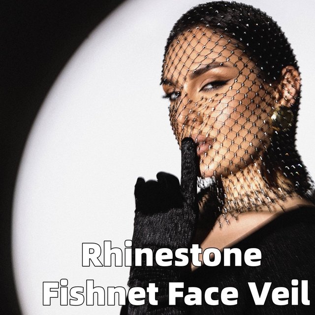 252 - Accessoire européen et américain, masque facial entièrement en strass, foulard élastique noir avec couvre-tête en grille avec strass scintillants
