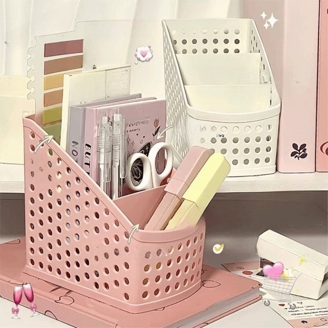 Large Capacity Stationery Storage Basket Multi Layer Portable Makeup Brush Holder Plastic Hollow Pen Holder Desk Organize