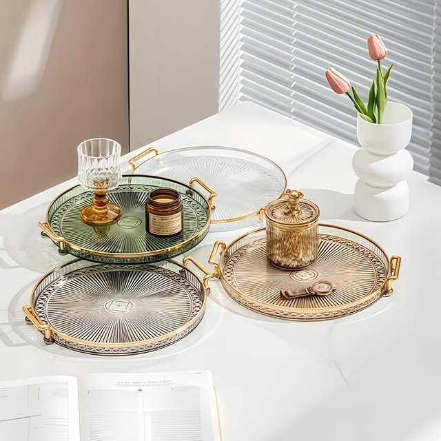 A Storage Tray with 10.6-Inch Gold-Edged Handles, Suitable for Holding Aromatherapy Products, Cosmetics, Keys, Coffee and Tea Sets, and Other Items. It Is Ideal for the Kitchen, Dining Room, Bedroom,