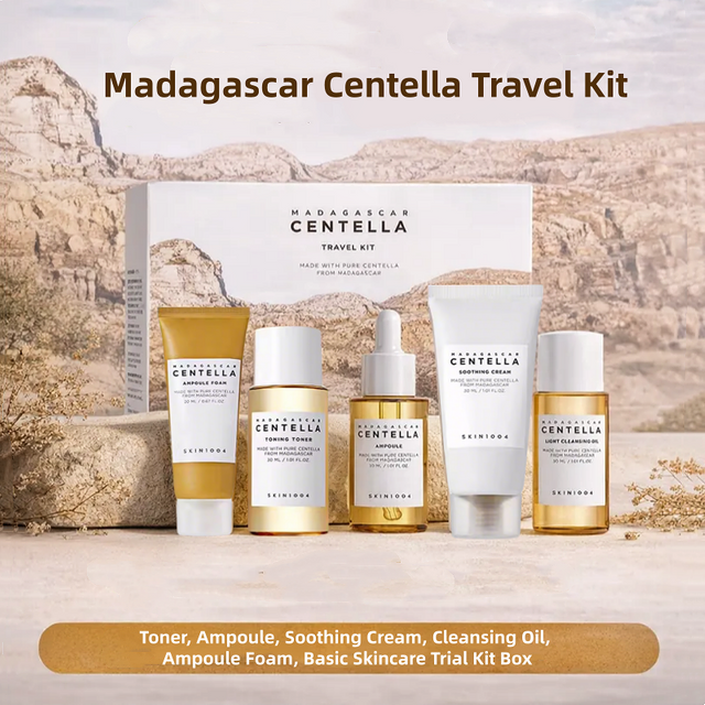 Korean Centella Travel Kit, Toner,Ampoule,Soothing Cream,Cleansing Oil,Ampoule Foam,Basic Daily Skincare Mini 5pcs Gift Sets